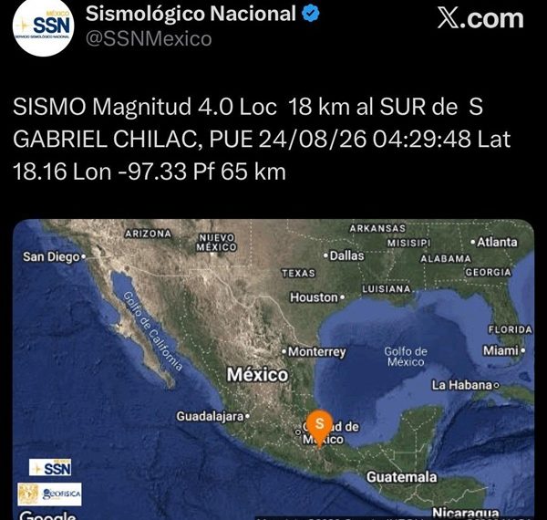 Reportan sismo de magnitud 4.0 en Puebla